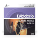 D'Addario EJ13-3D 3-Pack 80/20 Bronze Acoustic Guitar Strings Set Custom Light 11-52 Gauge