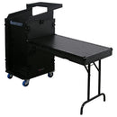 Odyssey FZGS1116WDLXBL - Rack combo vertical noir 11U haut incliné 16U bas avec roulettes, table d'appoint et plate-forme coulissante