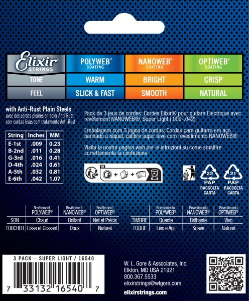Elixir 16540X Nanoweb Electric Guitar Strings (Super Light, 3 Pack) - .009-.042
