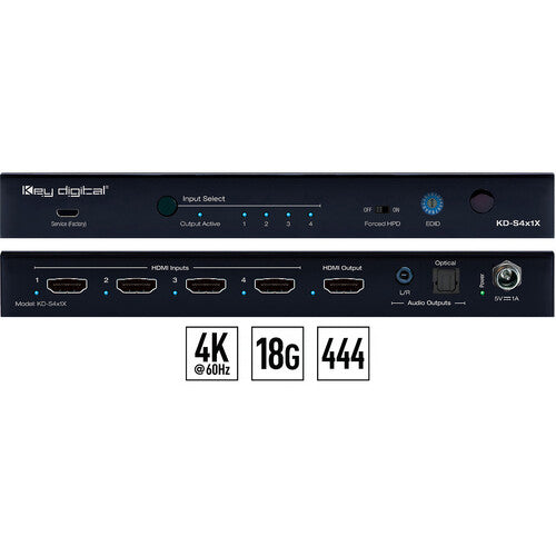 Key Digital KD-S4x1X-3 4K/18G HDMI Switcher With Auto-Switching And Audio De-Embedding