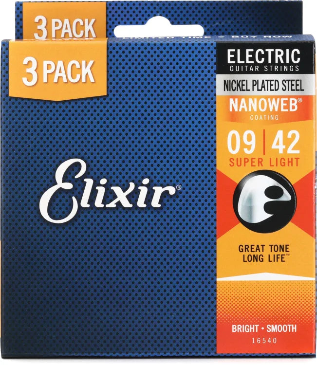 Elixir 16540X Nanoweb Electric Guitar Strings (Super Light, 3 Pack) - .009-.042