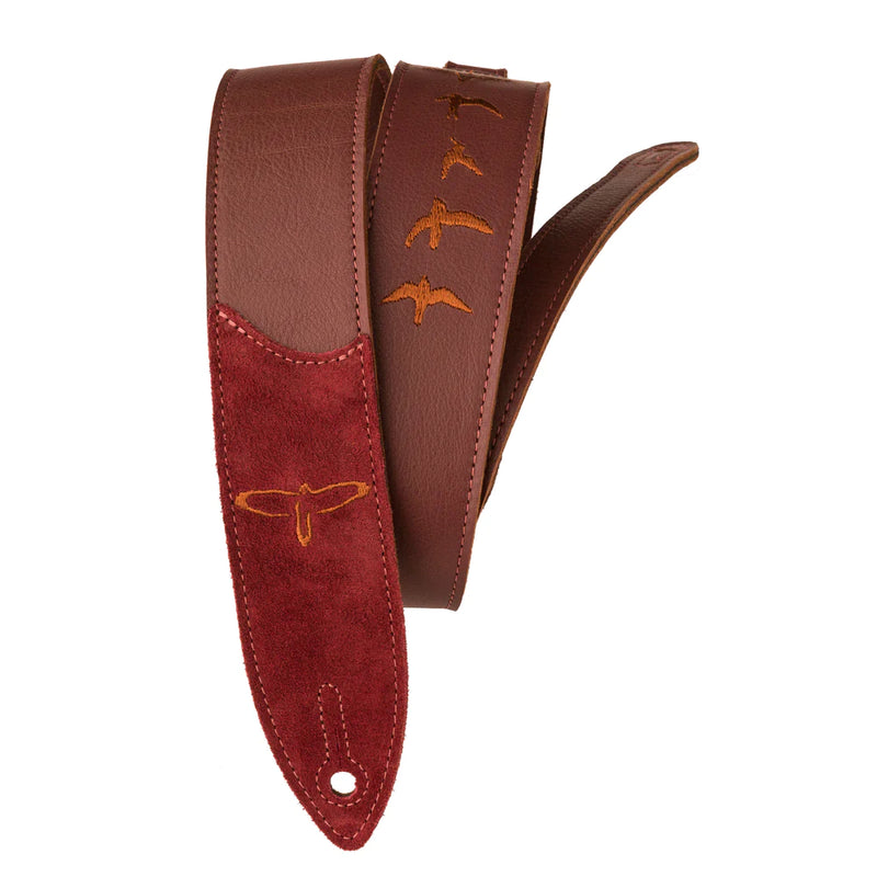 PRS Premium Leather Guitar Strap Birds Embroidery (Burgundy)