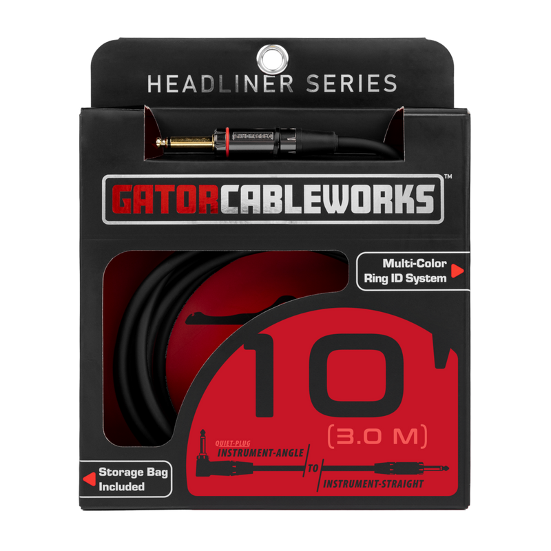 Gator GCWH-INS-10RAQT Headliner Series 1/4" Straight To 1/4" Right Angle Quiet Instrument Cable - 10ft