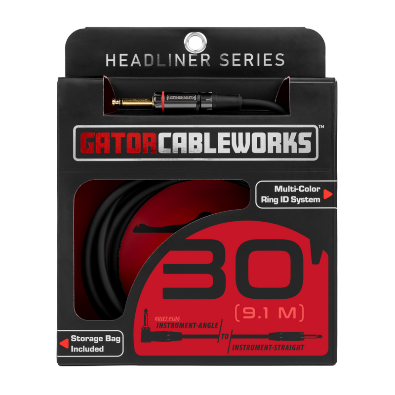 Gator GCWH-INS-30RAQT Headliner Series 1/4" Straight To 1/4" Right Angle Quiet Instrument Cable - 30ft
