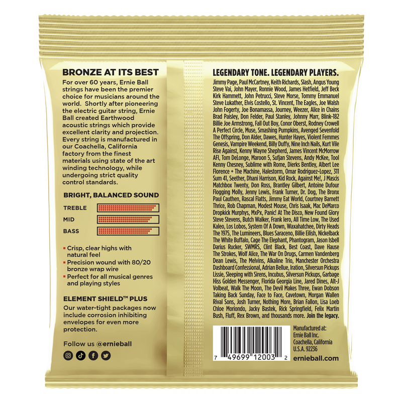 Ernie Ball 2003EB Earthwd 8020 Md-L Earthwood Medium Light Acoustic Guitar Strings 8020 Bronze 12 - 54