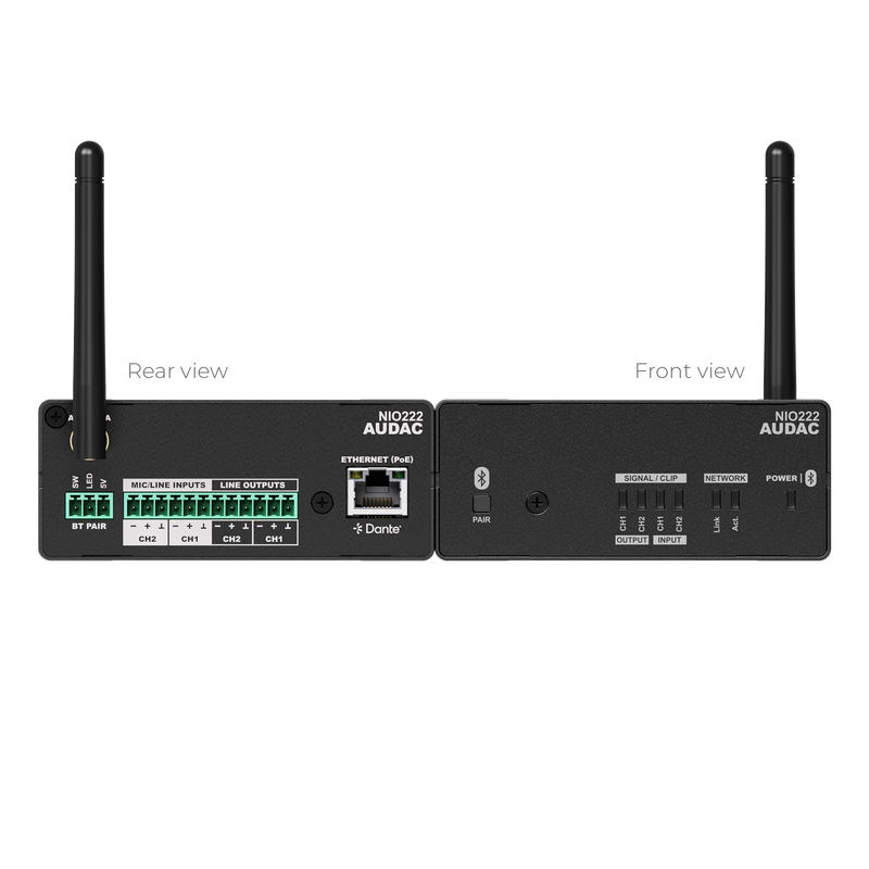 Audac NIO222 Network I/O Mixing Breakout Box Dante™/AES67 - 2 x Mic/Line Inputs + 2 x Balanced Line Outputs