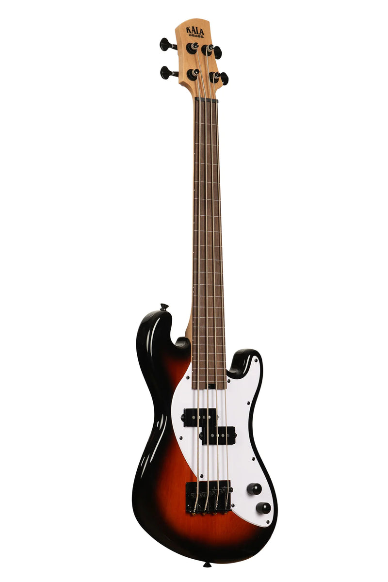 Kala UBASS-SB-TB-FL Basse ukulélé fretless à 4 cordes Solid Body (Tobacco Burst)