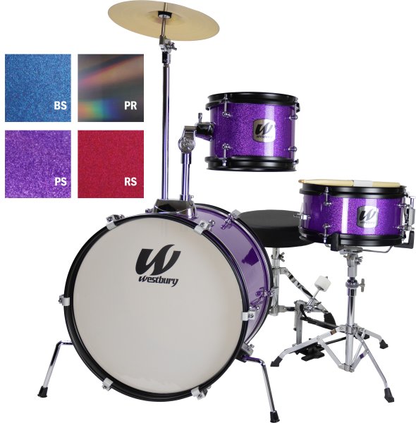 Westbury WST-JR3-PS 3 Piece Junior Drum Set Complete With Throne (Purple Sparkle)