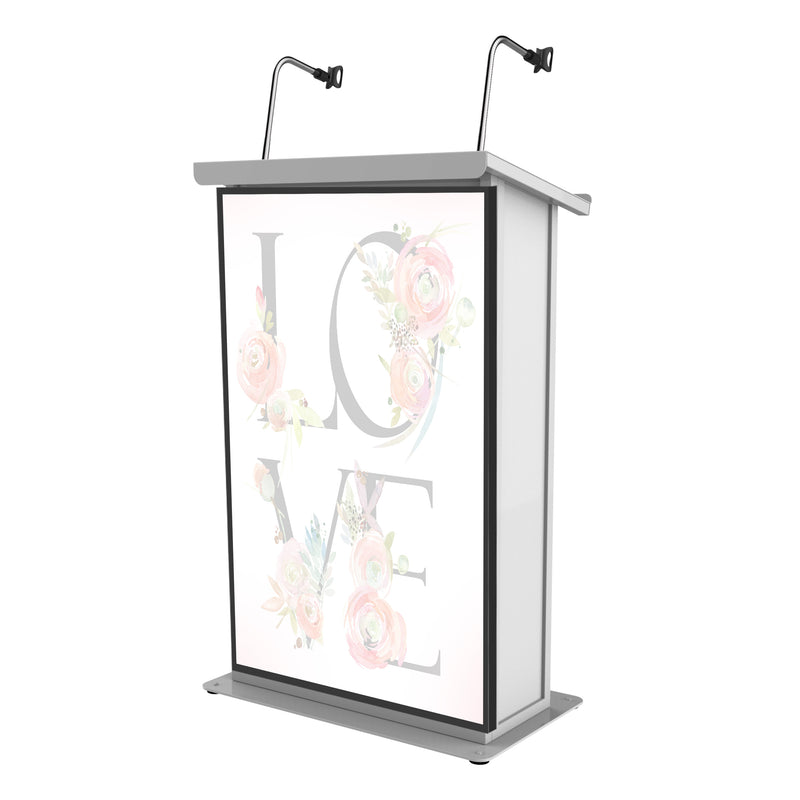 Podium de pupitre multimédia ProX X-MAESTRO MEDIA WH Maestro pour téléviseurs à écran plat LED jusqu'à 32" avec 2 supports de micro à col de cygne (blanc)