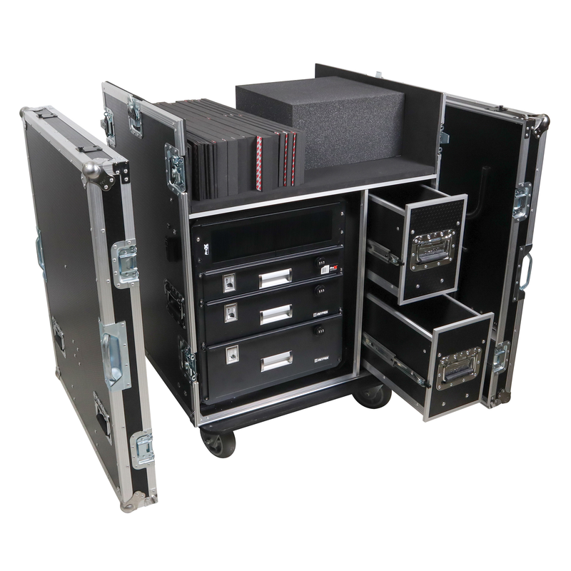ProX XS-BRANCO12U2DW BRANCO ATA Flight Style FOH Mixing Console Case 12U Shockproof Rack 2 Drawer 2 Side Tables & 4 Locking Casters
