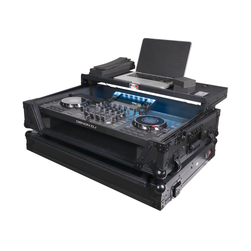 ProX XS-SCLIVE4 WLTBL LED boîtier pour contrôleur Denon SC Live 4 avec étagère pour ordinateur portable 1U espace rack LED RVB (noir)