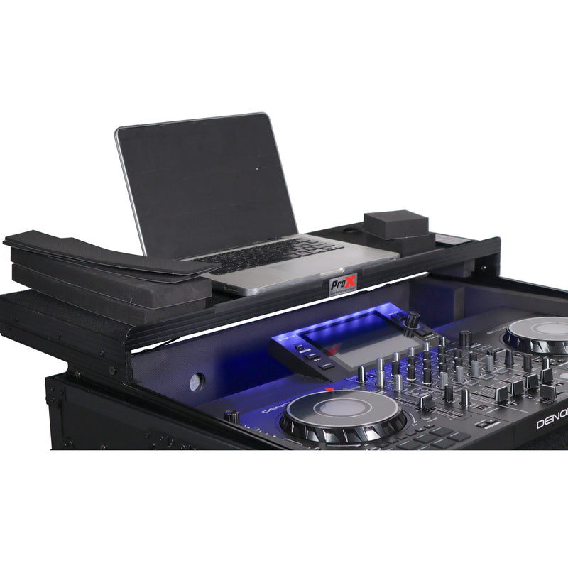 ProX XS-SCLIVE4 WLTBL LED boîtier pour contrôleur Denon SC Live 4 avec étagère pour ordinateur portable 1U espace rack LED RVB (noir)