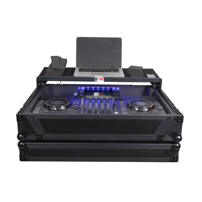 ProX XS-SCLIVE4 WLTBL LED boîtier pour contrôleur Denon SC Live 4 avec étagère pour ordinateur portable 1U espace rack LED RVB (noir)