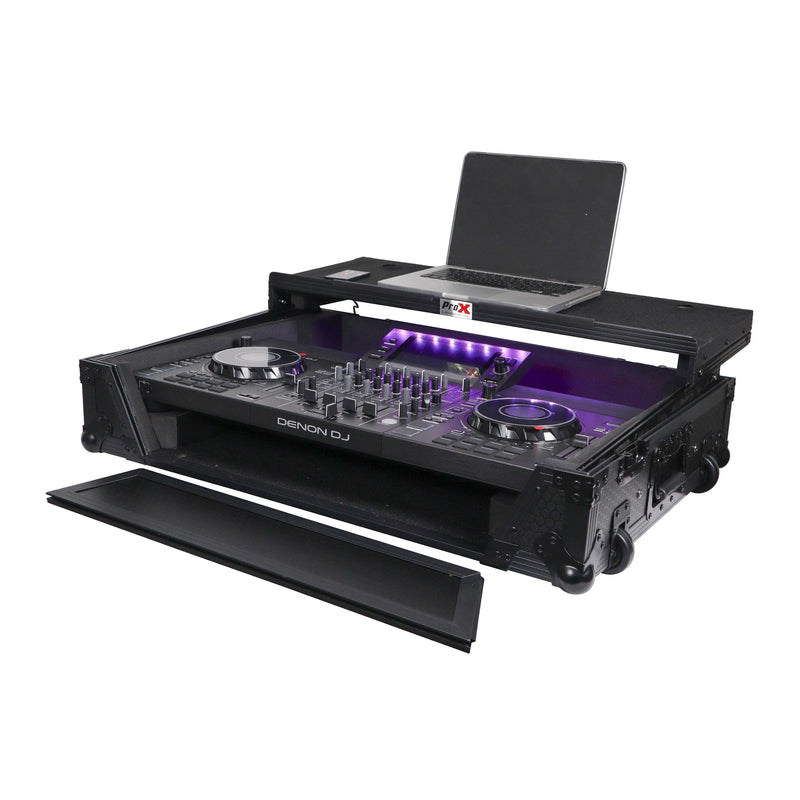 ProX XS-SCLIVE4 WLTBL LED boîtier pour contrôleur Denon SC Live 4 avec étagère pour ordinateur portable 1U espace rack LED RVB (noir)