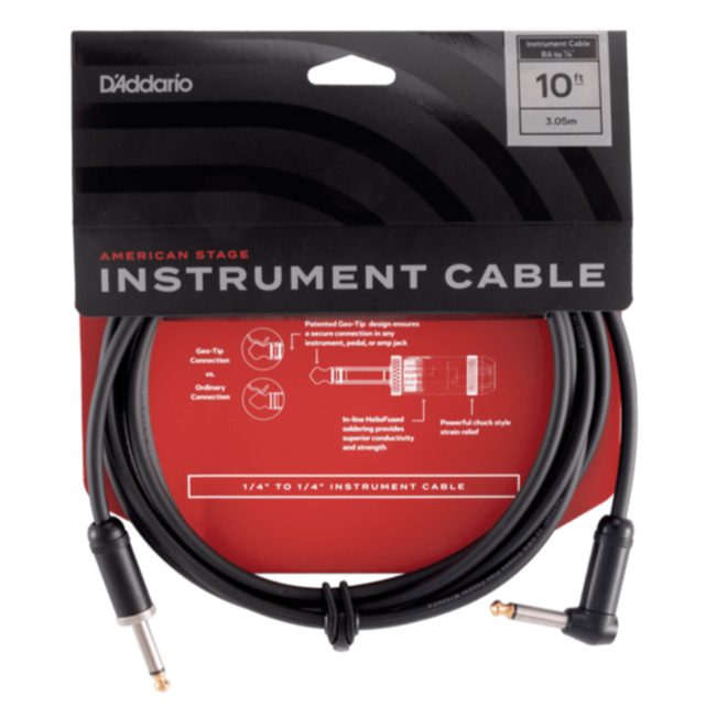D'Addario PW-AMSGRA-10 American Stage Instrument Cable (Straight To Right Angle) - 10'