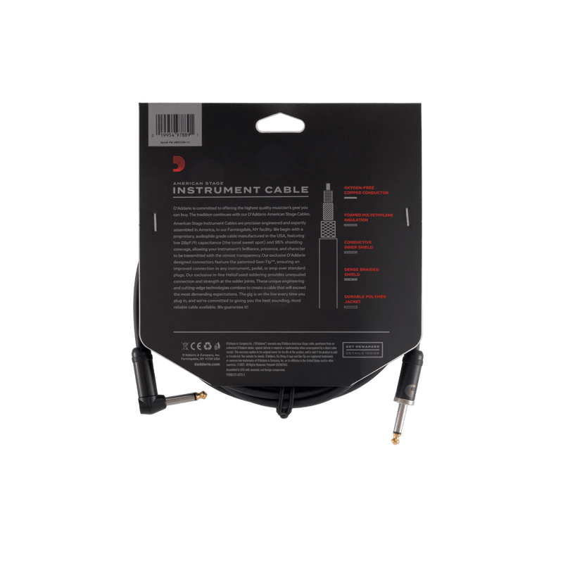 D'Addario PW-AMSGRA-10 American Stage Instrument Cable (Straight To Right Angle) - 10'