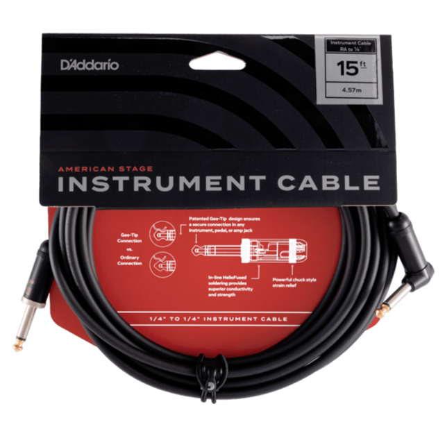 D'Addario PW-AMSGRA-15 American Stage Instrument Cable (Straight To Right Angle) - 15'