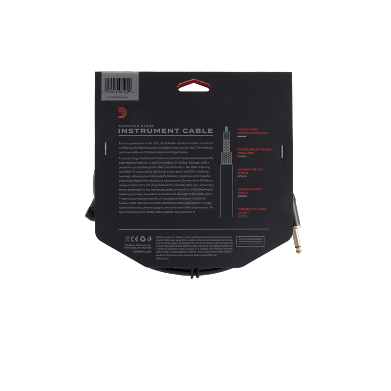 D'Addario PW-AMSGRA-15 American Stage Instrument Cable (Straight To Right Angle) - 15'