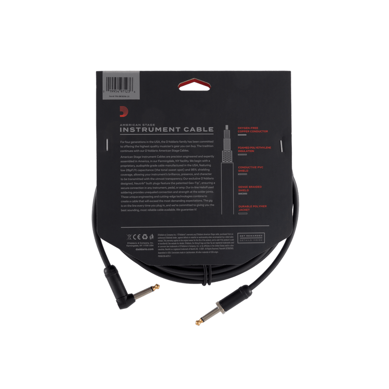 D'Addario PW-AMSGRA-20 American Stage Instrument Cable (Straight To Right Angle) - 20'