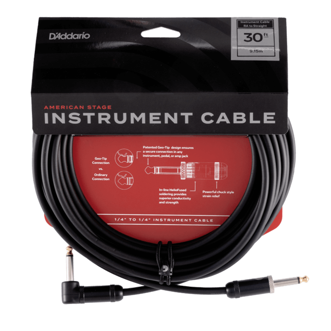 D'Addario PW-AMSGRA-30 American Stage Instrument Cable (Straight To Right Angle) - 30'