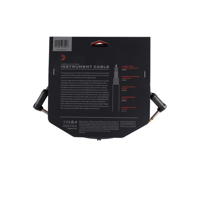D'Addario PW-AMSGRR-20 American Stage Instrument Cable (Right To Right Angle) - 20'