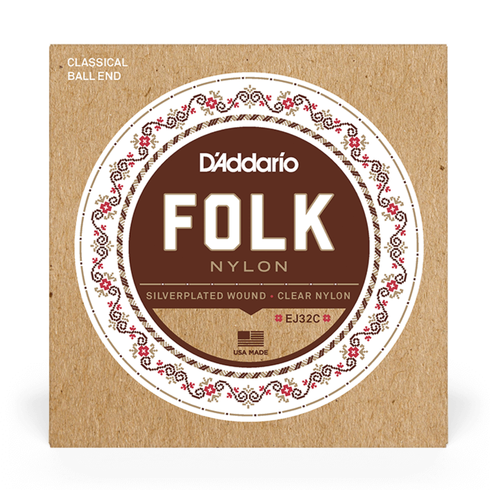 D'Addario EJ32C Folk Nylon Ball End Classical Strings Silver Wound/Clear Nylon