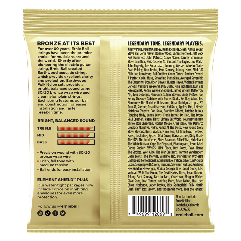 Ernie Ball 2069EB Earthwood Folk Nylon, Clear & Gold Ball End, 80/20 Bronze Acoustic Guitar Strings