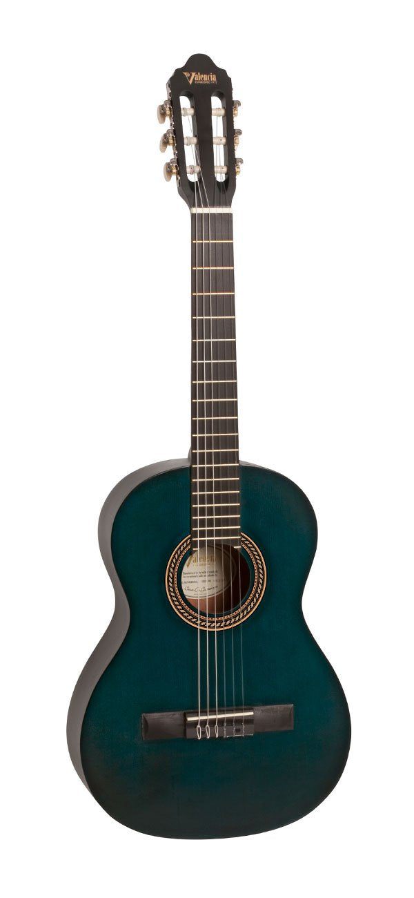 Valencia VC203-TBU 3/4 Classical Guitar (Transparent Blue Satin Finish)