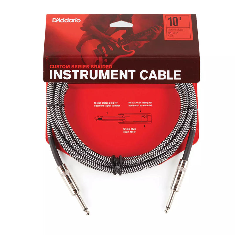 D'Addario PW-BG-10BG Custom Series Braided Instrument Cable (Black,Grey) - 10'