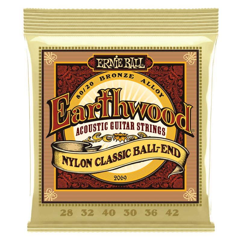 Ernie Ball 2069EB Earthwood Folk Nylon, Clear & Gold Ball End, 80/20 Bronze Acoustic Guitar Strings