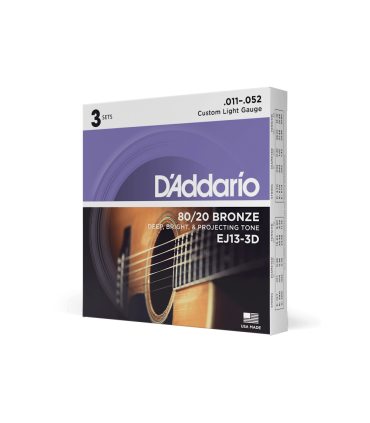 D'Addario EJ13-3d 3 pack 80/20 Bronze acoustique Guitar Strings Set Custom Light 11-52 Gauge