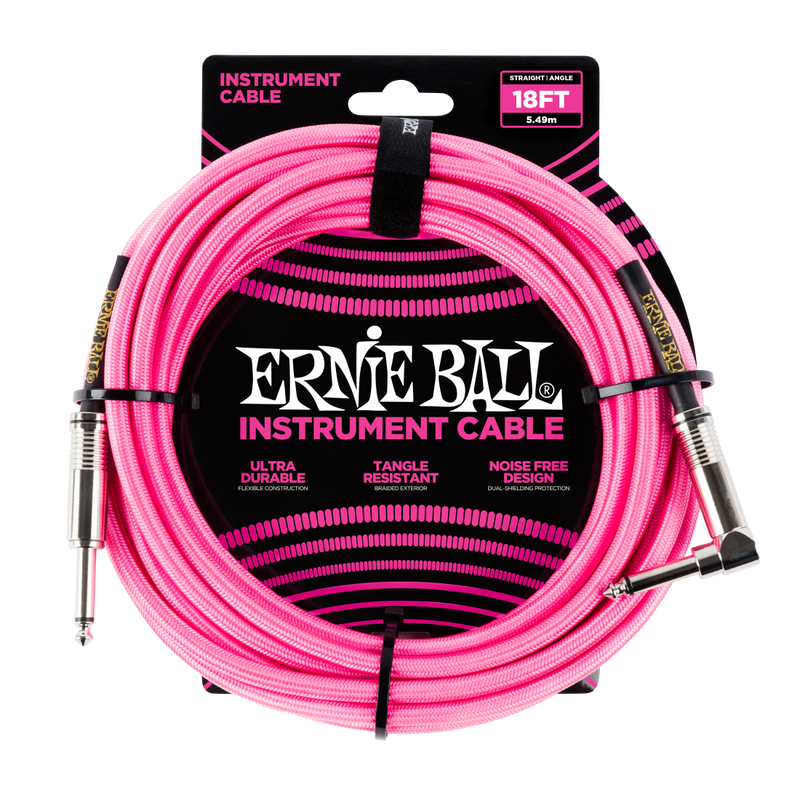 Ernie Ball 6083EB Straight/Angle Braided Cable (Neon Pink) - 18'