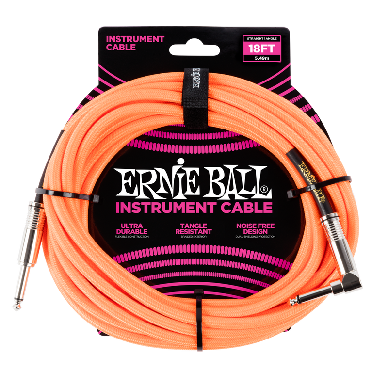 Ernie Ball 6084EB Straight/Angle Braided Cable (Neon Orange) - 18'