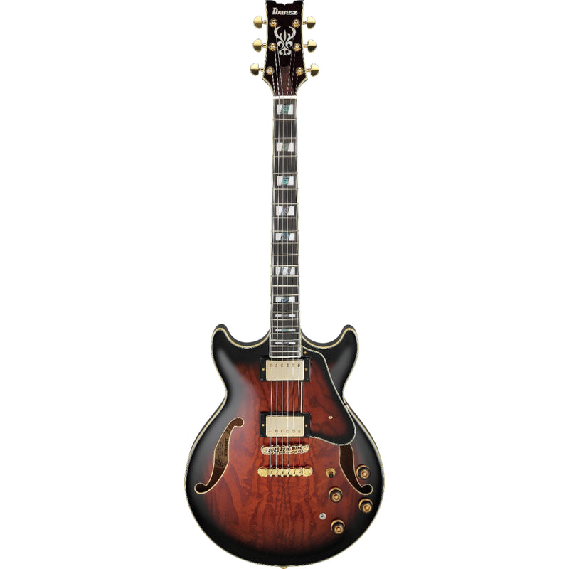 Ibanez AM153QADBS AM Artstar - Guitare électrique semi-creuse à double pan coupé avec étui - Brun foncé Sunburst