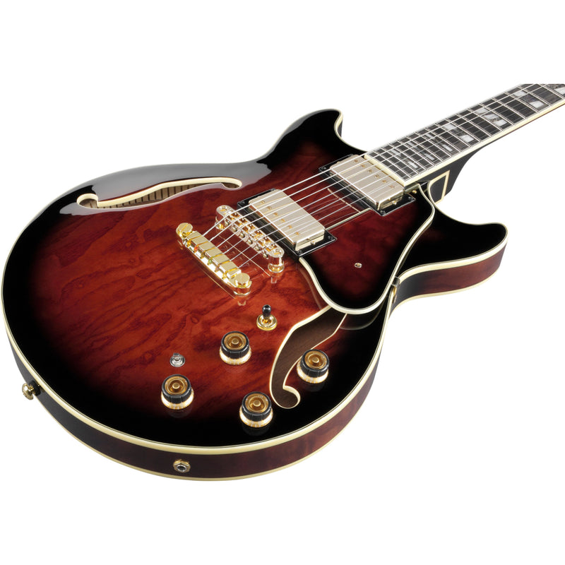 Ibanez AM153QADBS AM Artstar - Guitare électrique semi-creuse à double pan coupé avec étui - Brun foncé Sunburst