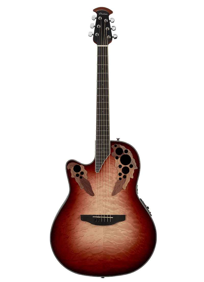 Ovation CE44LX-1R Celebrity Elite Exotic Acoustic-Electric Guitar (Ruby Red/Natural Burst On Exotic Quilted Maple)