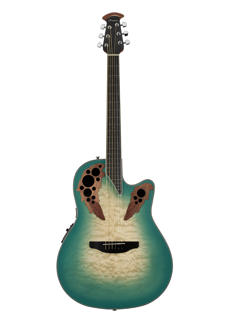 Ovation CE44X-9B Celebrity Elite Exotic® - Mid Depth Lyrachord Body Acoustic-Electric Guitar - Mint Green/Natural Burst On Exotic Quilted Maple