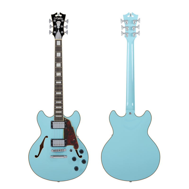 D'Angelico DAPMINIDCSKBCS Mini guitare électrique semi-creuse (bleu ciel)