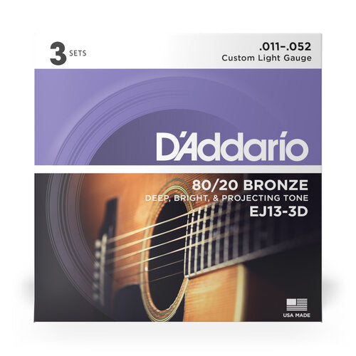 D'Addario EJ13-3d 3 pack 80/20 Bronze acoustique Guitar Strings Set Custom Light 11-52 Gauge