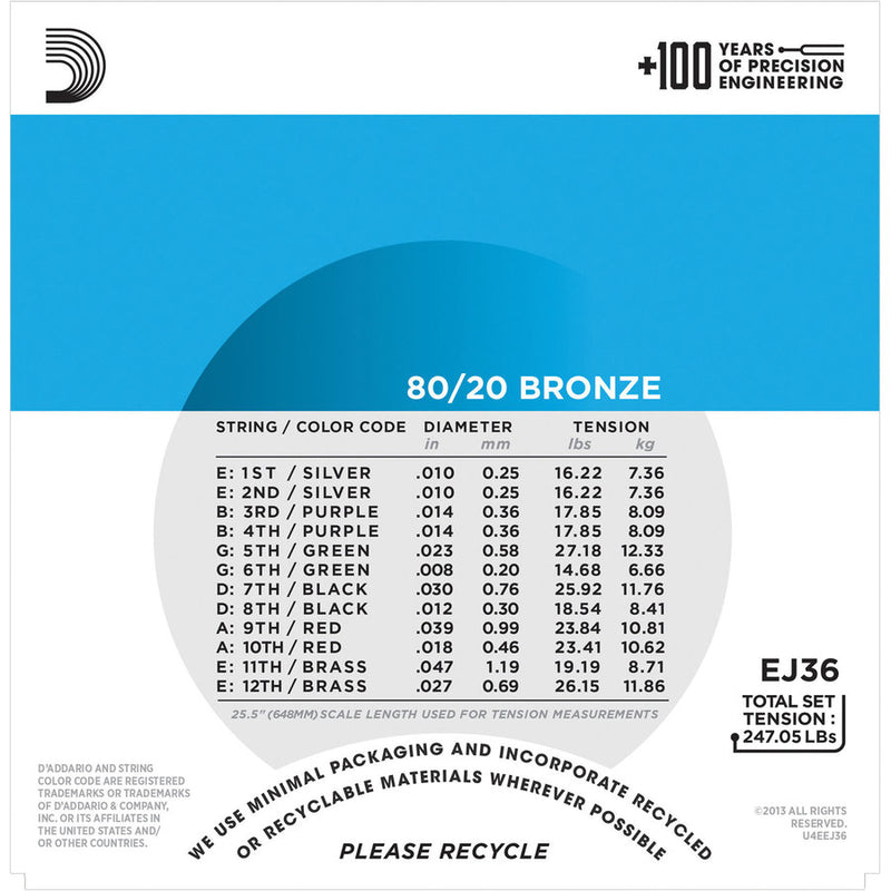 D'Addario EJ36 80/20 Bronze 12-String Acoustic Guitar Strings - Regular Light 10-47