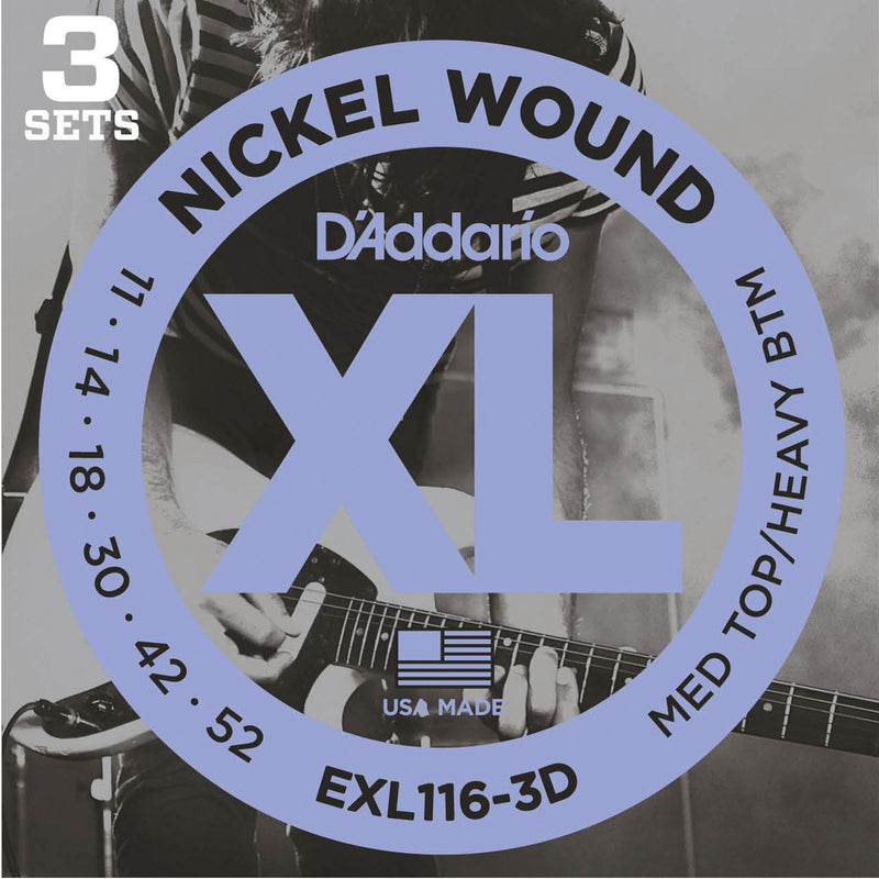 D'Addario EXL116-3D 3-Pack XL Nickel Wound Electric Guitar Strings Medium Top/Heavy Bottom 11-52