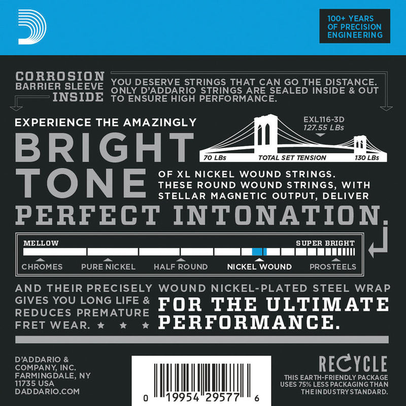 D'Addario EXL116-3D 3-Pack XL Nickel Wound Electric Guitar Strings Medium Top/Heavy Bottom 11-52