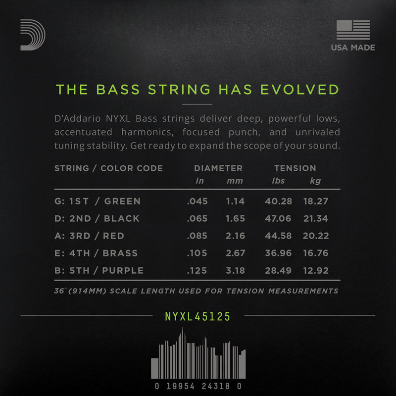 D'Addario NYXL45125 5-String Bass Guitar Strings - Long 45-125