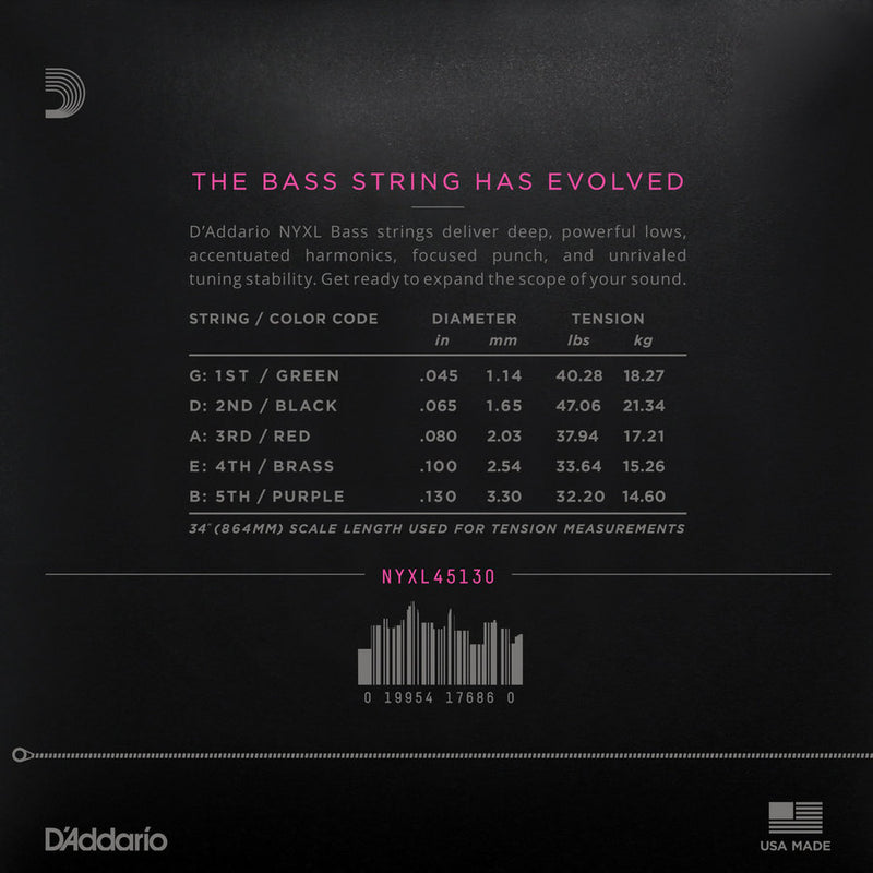 D'Addario NYXL45130 Bass Guitar Strings - Regular Light Long Scale 45-130