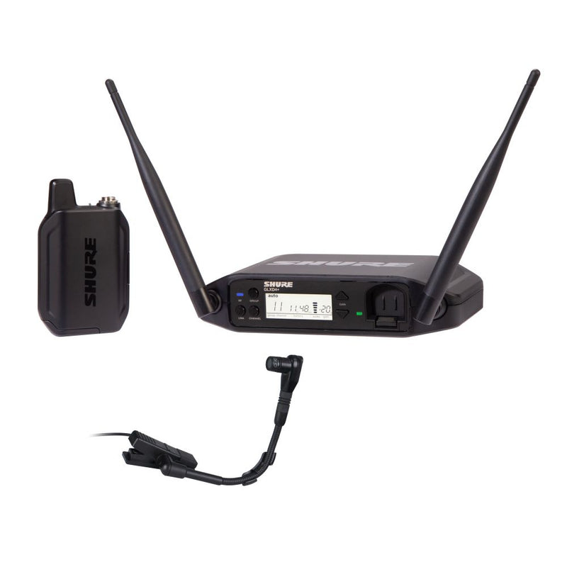 Système sans fil double bande Shure GLXD14+ avec récepteur de table GLXD4+, émetteur de poche GLXD1+ et microphone instrument à col de cygne WB98H/C