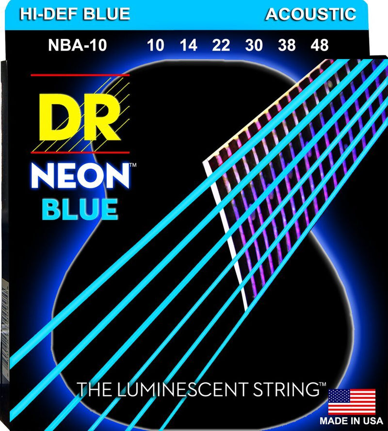 DR Handmade Strings NBA-10 Jeu de cordes pour guitare acoustique en bronze phosphoreux avec revêtement bleu néon – Extra léger (10-48)