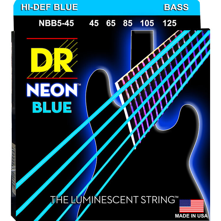 DR Handmade Strings NBB5-45 Neon Blue Coated Electric Bass Strings - Medium (45-125)
