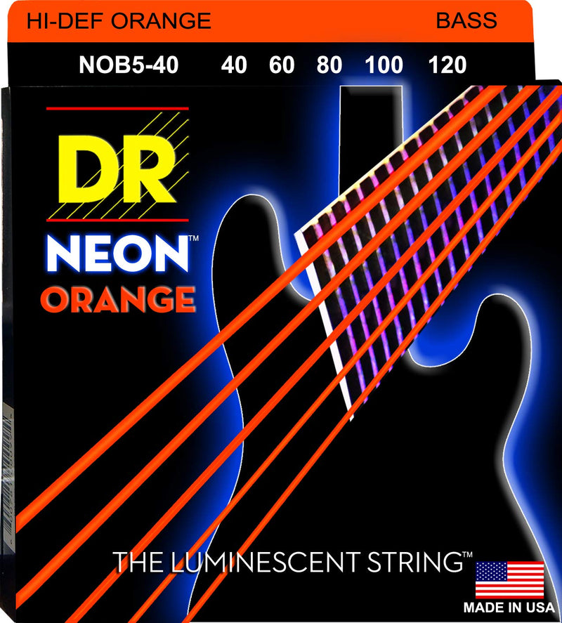 DR Handmade Strings NOB5-40 Neon Orange Coated 5-String Bass Strings - Light (40-120)