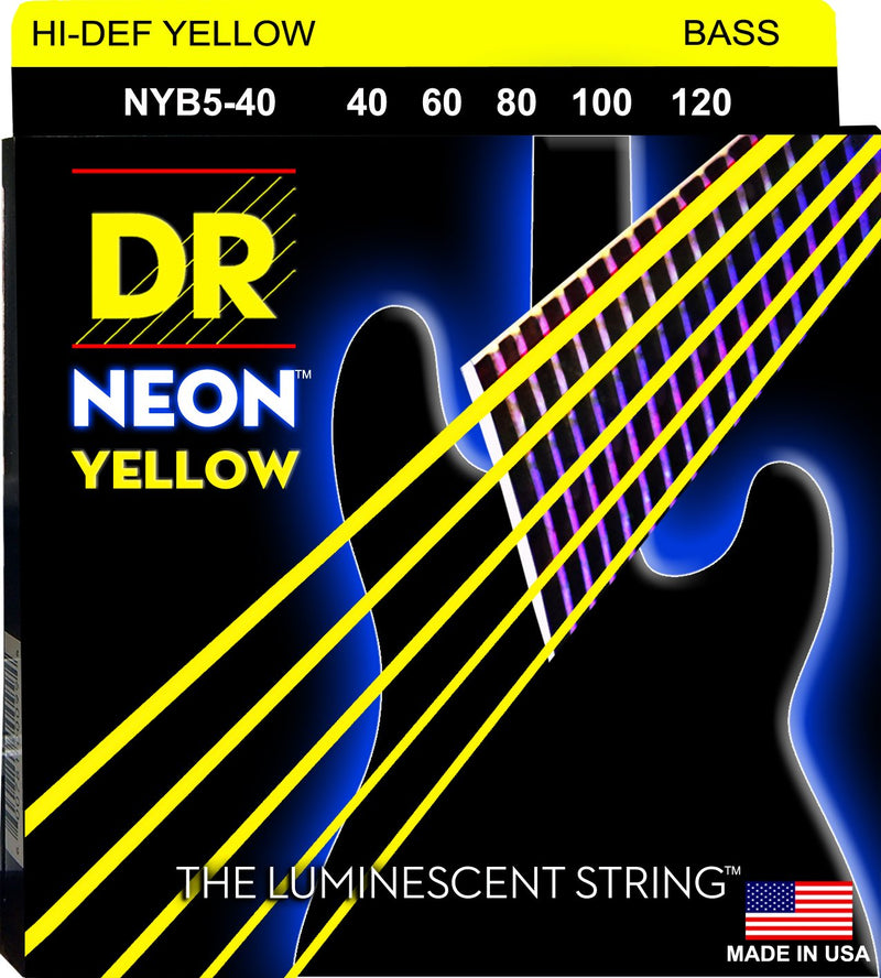 DR Handmade Strings NYB5-40 Neon Yellow Coated 5-String Bass Strings - Light (40-120)
