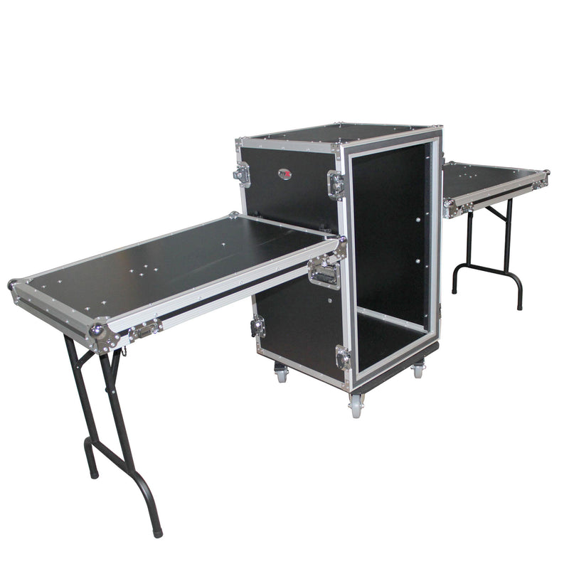 ProX T-16RSP24DST Boîtier d'ampli/rack vertical antichoc 16U avec deux tables latérales et 4 roulettes